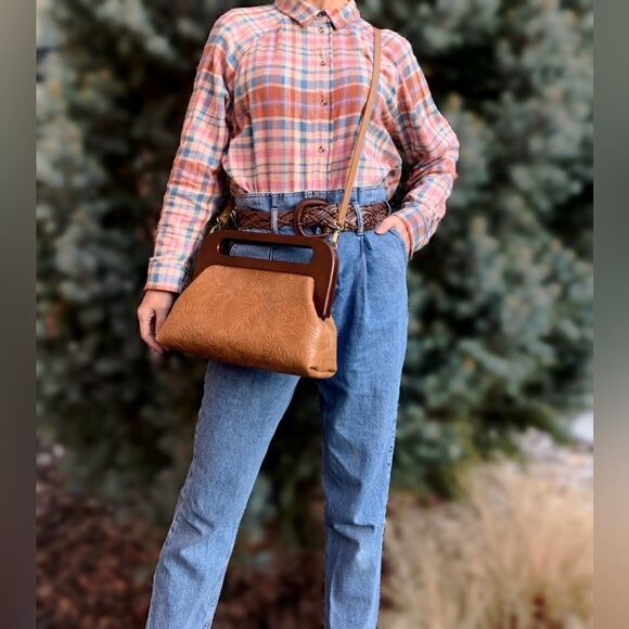 Handmade Genuine Leather Embossed Leaves Large Wood Frame Bag/Crossbody - Picture 6 of 16